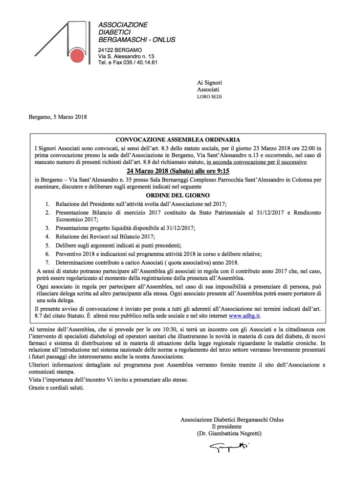 Convocazione Assemblea Ordinaria 23-03-2018